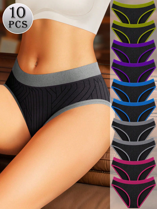 MEIYATING 10pcs/Set Ladies Seamless Underwear, Low Waist Invisible Comfortable Colorblock Design Black Panties Multicolor
