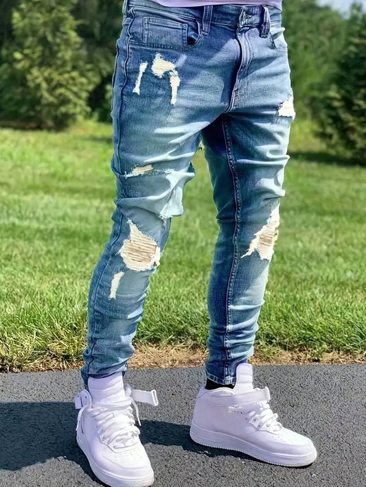 Men's Fashionable Casual Distressed Washed Skinny Fit Jeans Blue