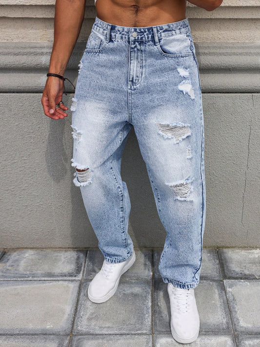 Manfinity EMRG Men's Loose Fit Ripped Washed Denim Jeans Light Wash